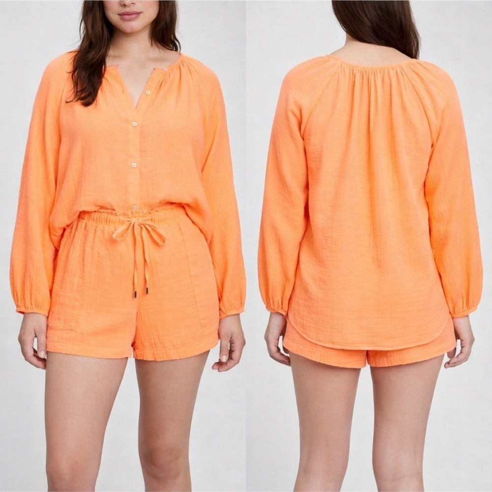 GAP Crinkle Gauze Boatneck Button Up Top Shorts Matching Set Cotton Size Small - Picture 2 of 10